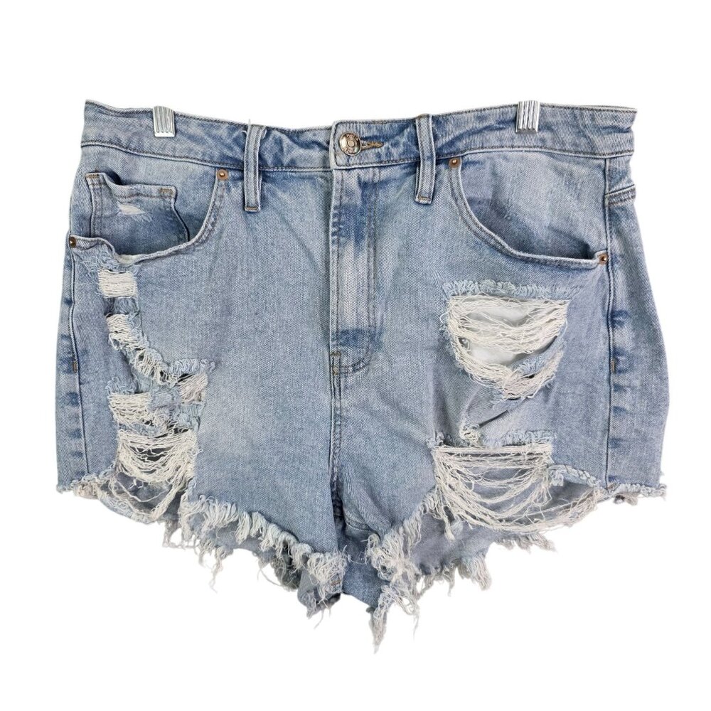 Womens Rue+ Blue Denim Shorts Distressed High Rise Frayed Hem Cotton Blend 18